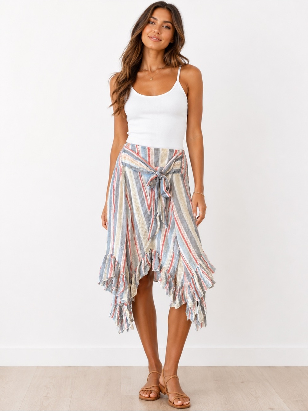 Versona Multicolor Striped Asymmetrical Ruffle Skirt - Picture 1 of 5